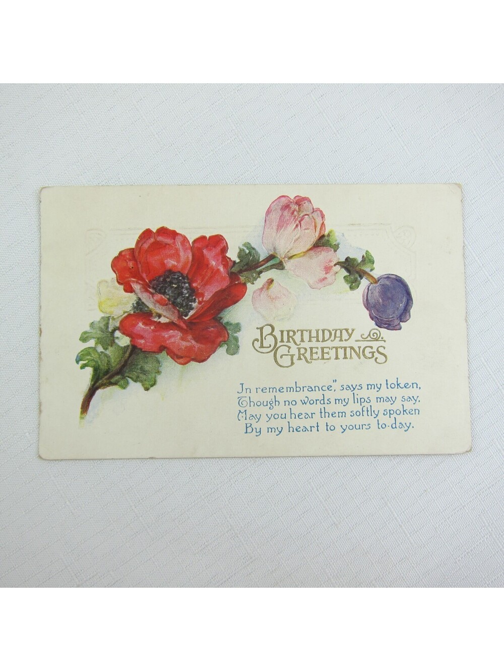 Postcard Birthday Greetings Poppy Flowers Red Pink Purple Embossed Antique 1920s